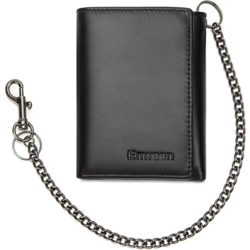 Genuine Leather Trifold Wallet RFID Blocking Anti-Theft Chain for Biker,